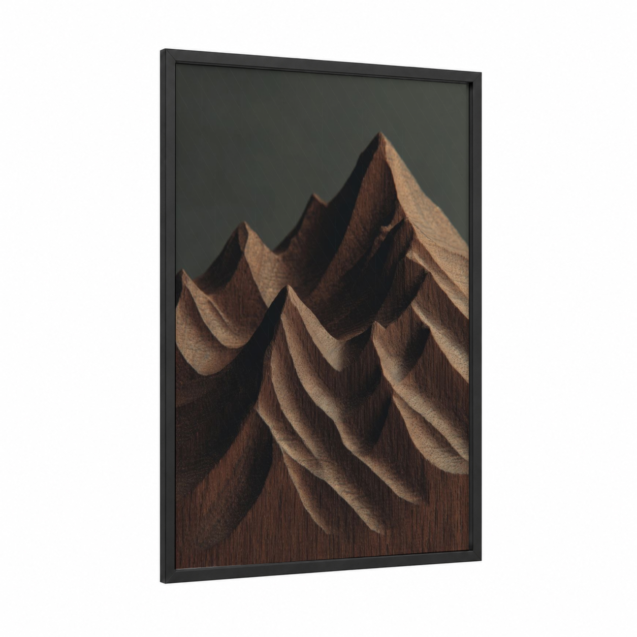 Alpine Woodcarving framed art print — black wood frame — brown and beige palette