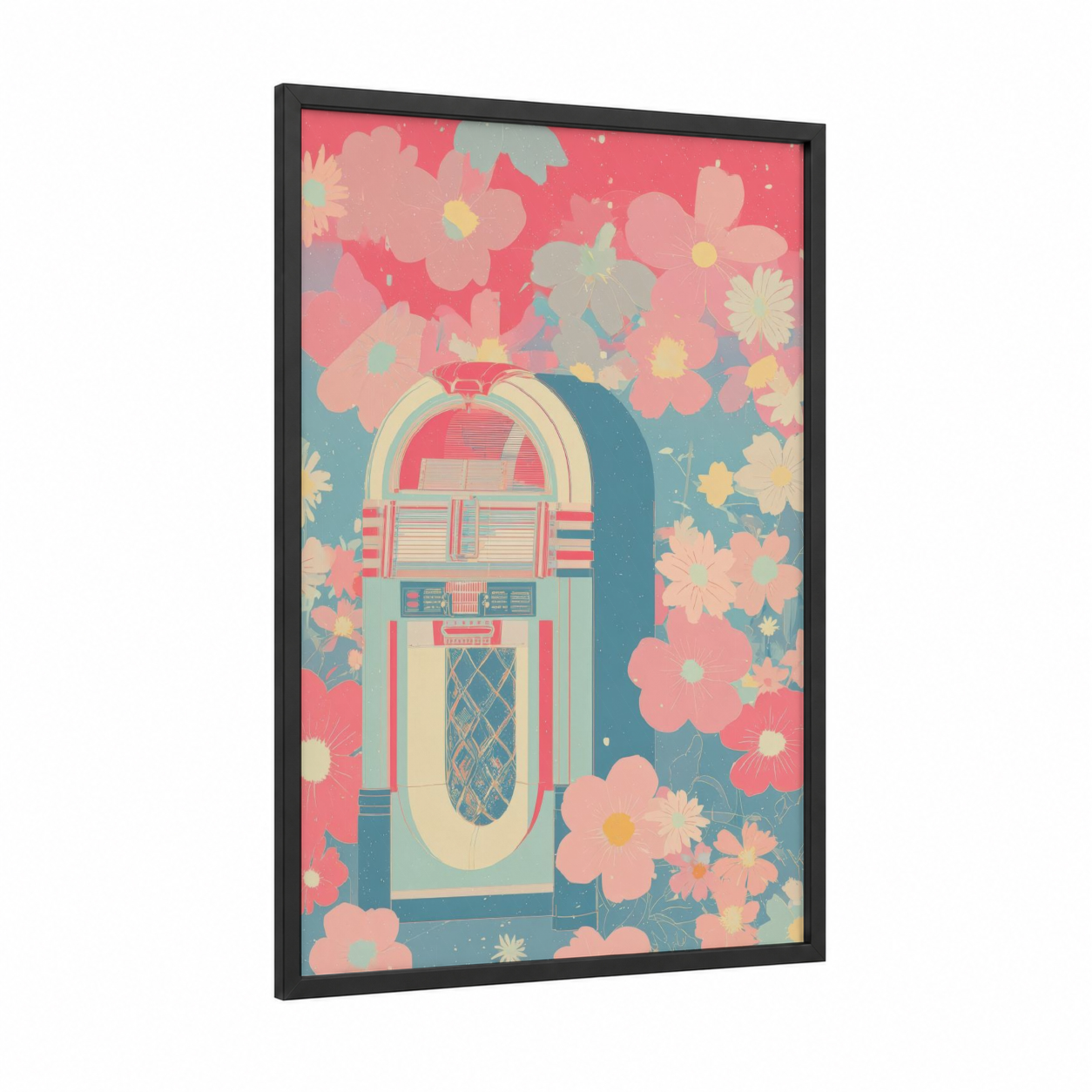 Retro Jukebox Bloom framed retro pop print — black wood frame — pink and cream palette