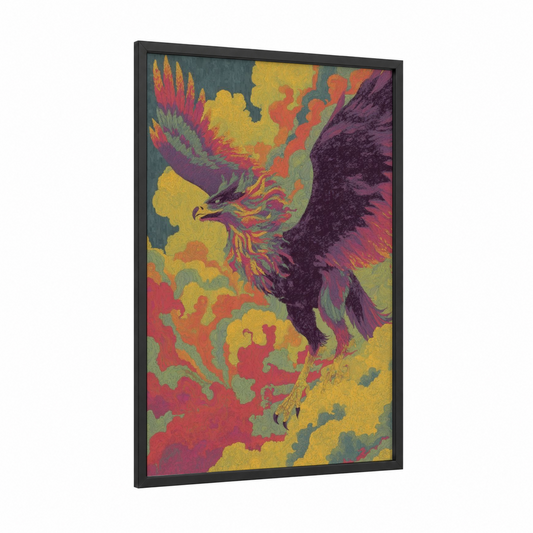 Mythical Fire Griffin framed art print — black wood frame — yellow gold and red palette