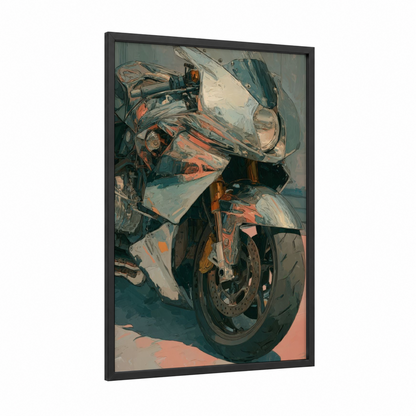 Crimson Sport Bike framed vintage motorcycle print — black wood frame — salmon pink and teal palette