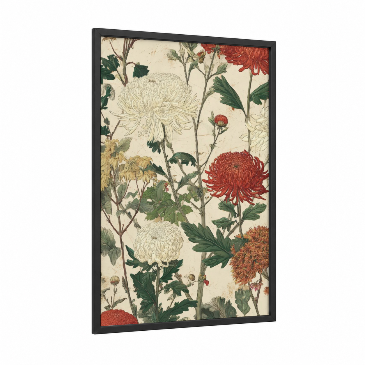 Vintage Chrysanthemum framed art print — black wood frame — cream and red palette