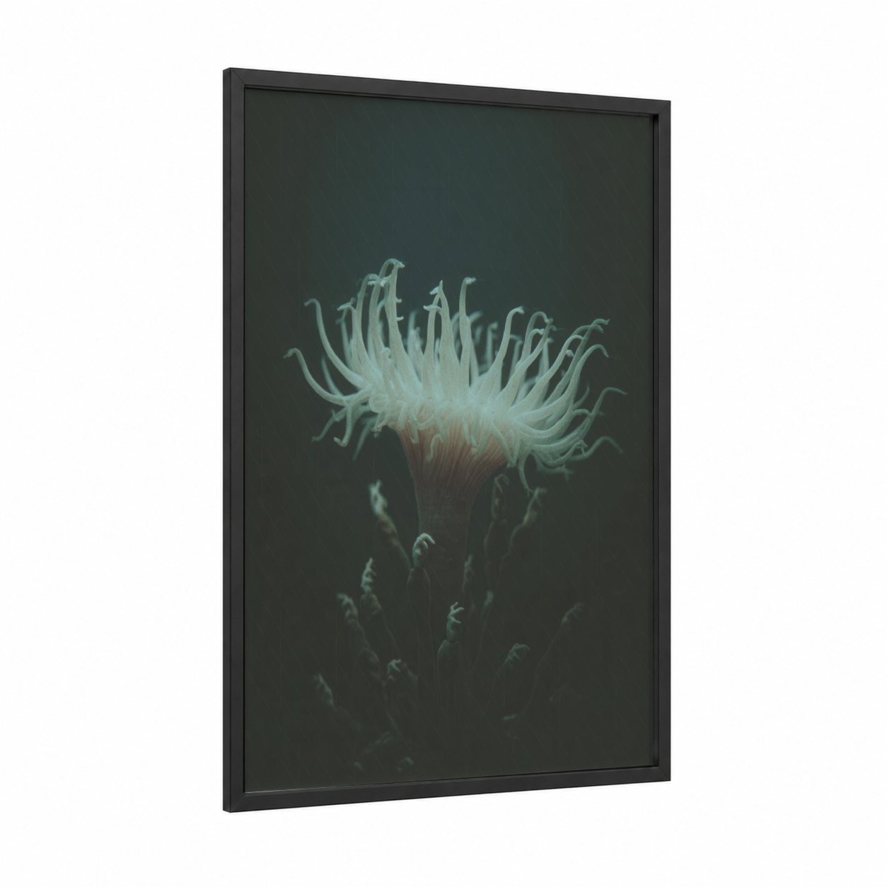 Ethereal Sea Anemone framed art print — black wood frame — sage green and cream palette