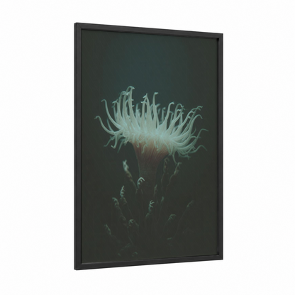 Ethereal Sea Anemone framed art print — black wood frame — sage green and cream palette