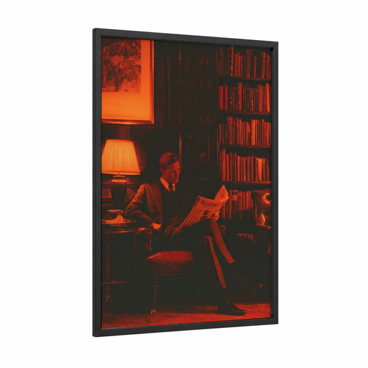 Crimson Reader framed fashion photography print — black wood frame — red and black palette