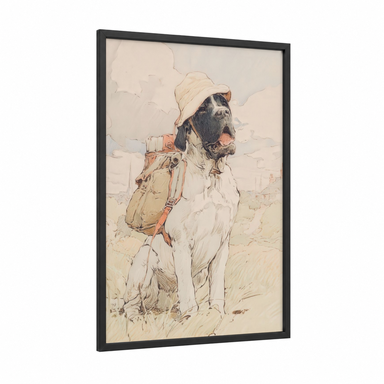 Adventure Mastiff framed art print — black wood frame — cream and beige palette