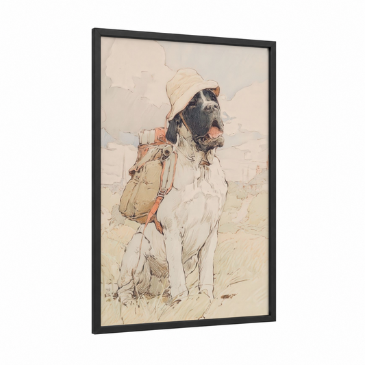 Adventure Mastiff framed art print — black wood frame — cream and beige palette