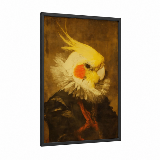 Golden Cockatiel Profile framed art print — black wood frame — yellow gold and russet palette