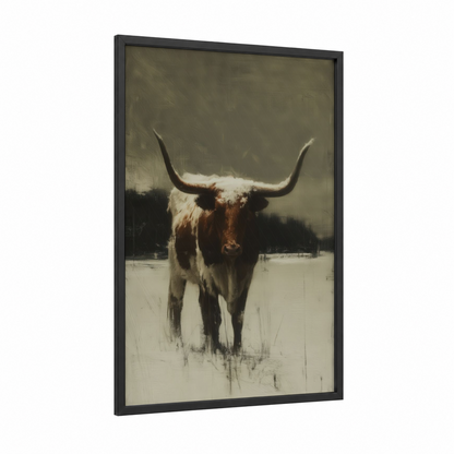 Snowy Longhorn framed longhorn cow print — black wood frame — cream and russet palette