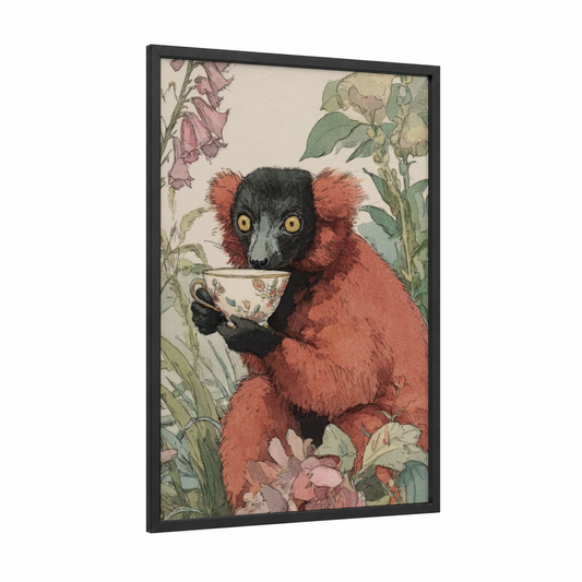 Red Lemur Tea framed art print — black wood frame — russet and sage green palette