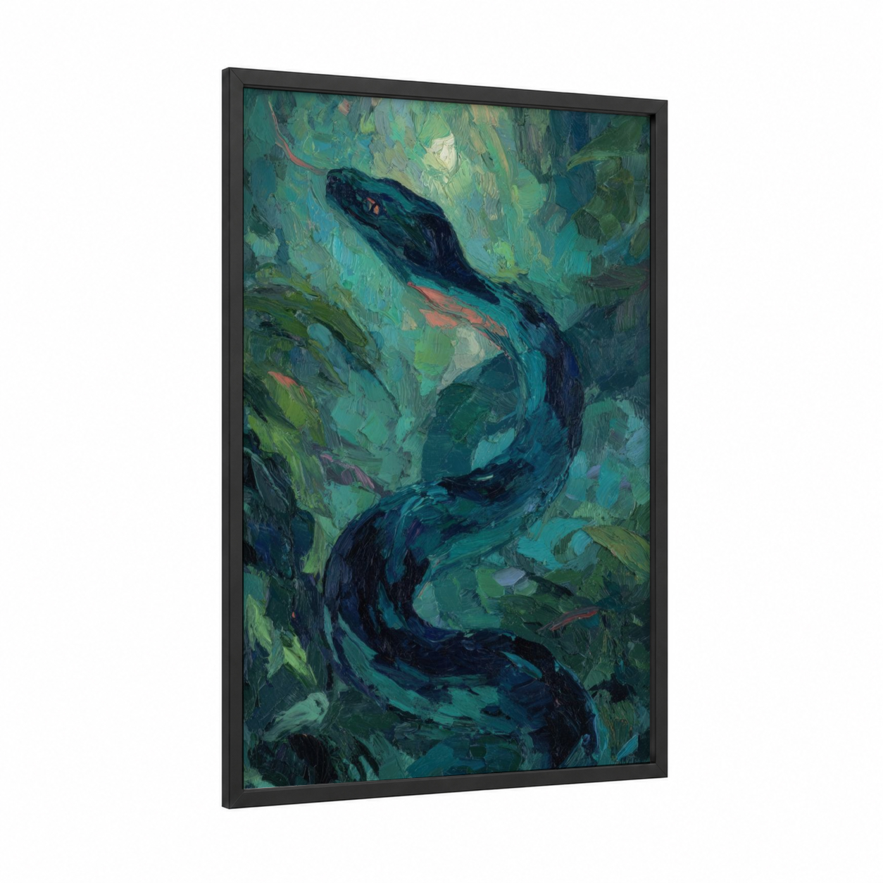 Emerald Boa framed boa constrictor print — black wood frame — teal and green palette