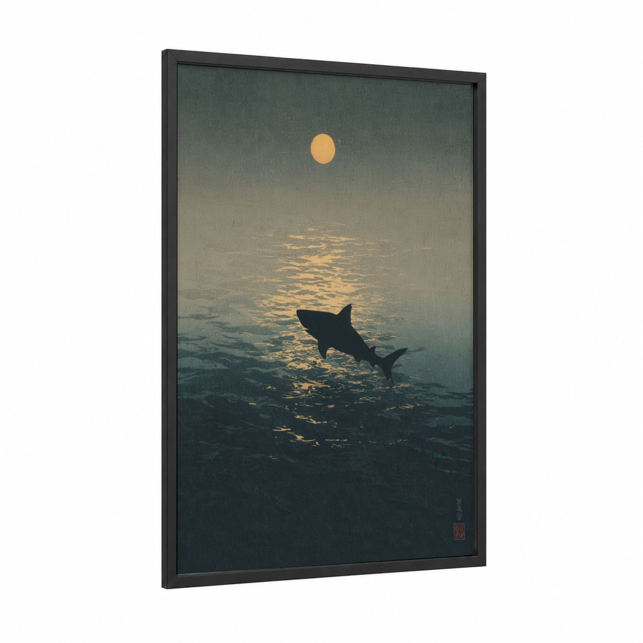 Sunset Lemon Shark framed art print — black wood frame — gold and dark blue palette