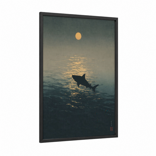 Sunset Lemon Shark framed art print — black wood frame — gold and dark blue palette