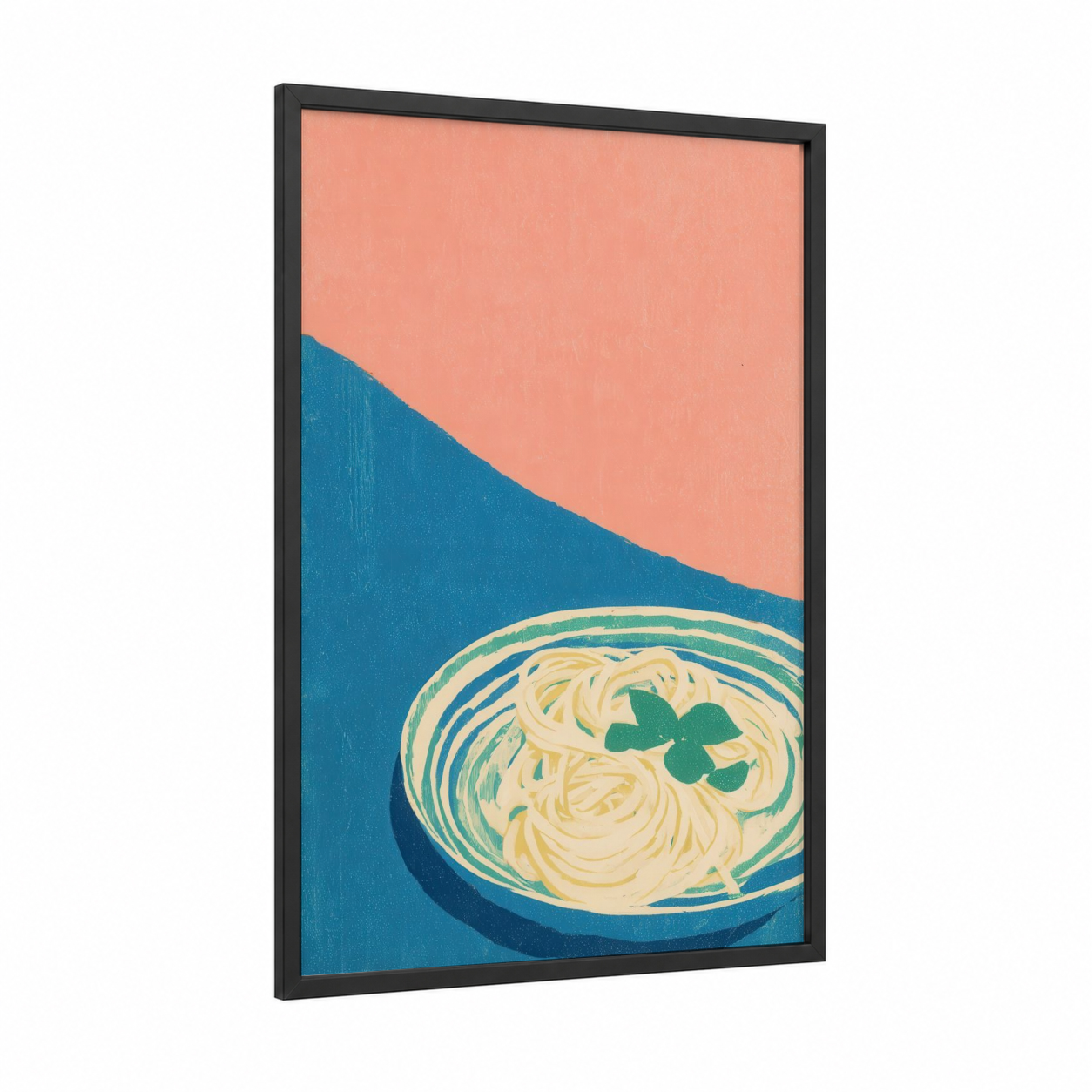 Lucky Pasta Bowl framed art print — black wood frame — peach and teal palette