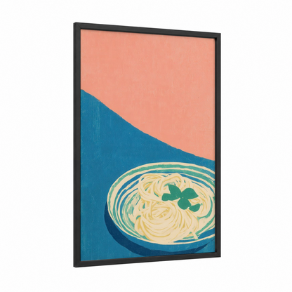 Lucky Pasta Bowl framed art print — black wood frame — peach and teal palette