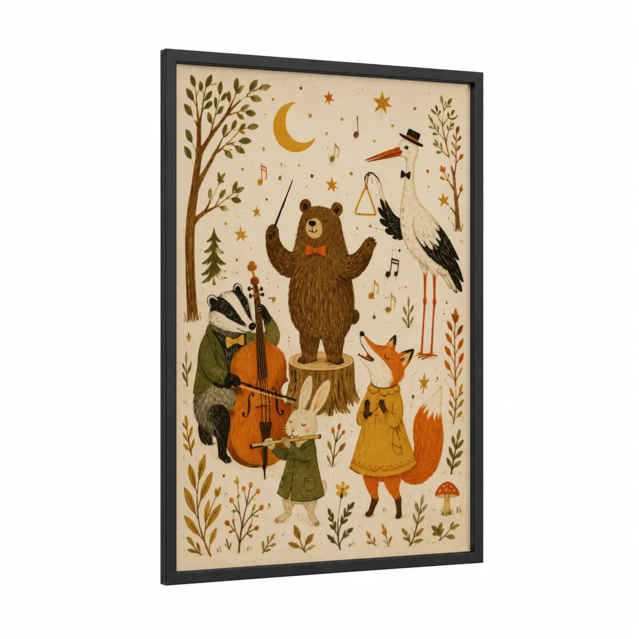 Woodland Animal Orchestra Wall Art framed bear print — black wood frame — cream and gold palette