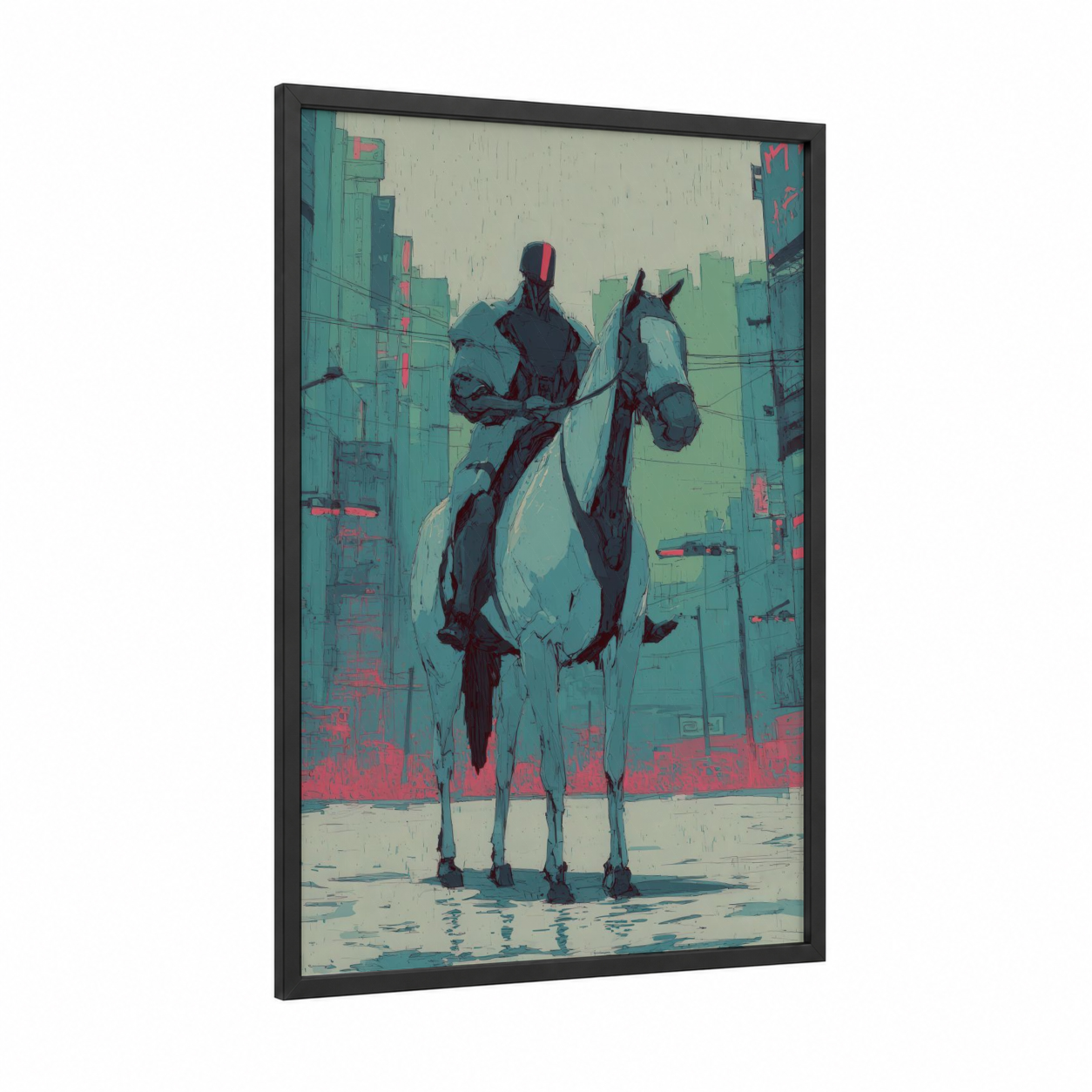 Cyberpunk Rider framed horseback print — black wood frame — teal and magenta palette