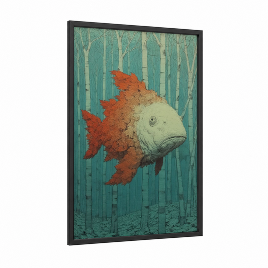 Forest Dragon Fish framed art print — black wood frame — teal and cream palette