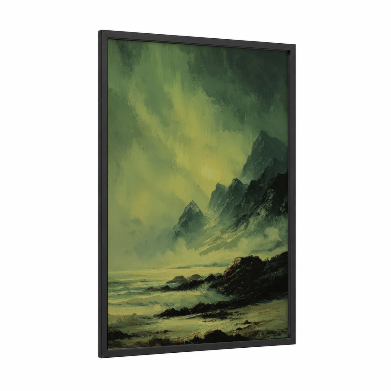 Emerald Aurora framed northern lights print — black wood frame — light green and black palette