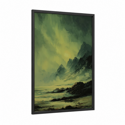 Emerald Aurora framed northern lights print — black wood frame — light green and black palette
