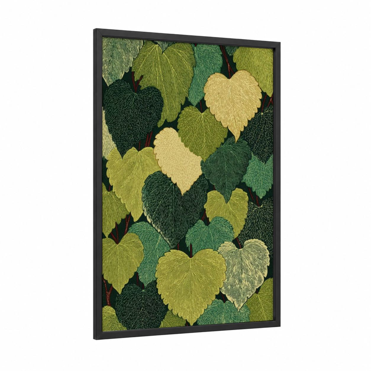 Linden Leaf Tapestry framed linden tree print — black wood frame — green and cream palette