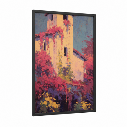 Crimson Tower Bloom framed towers print — black wood frame — gold and magenta palette