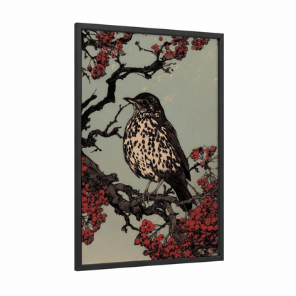 Thrush Berry Branch framed art print — black wood frame — black and white and red palette