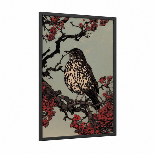 Thrush Berry Branch framed art print — black wood frame — black and white and red palette