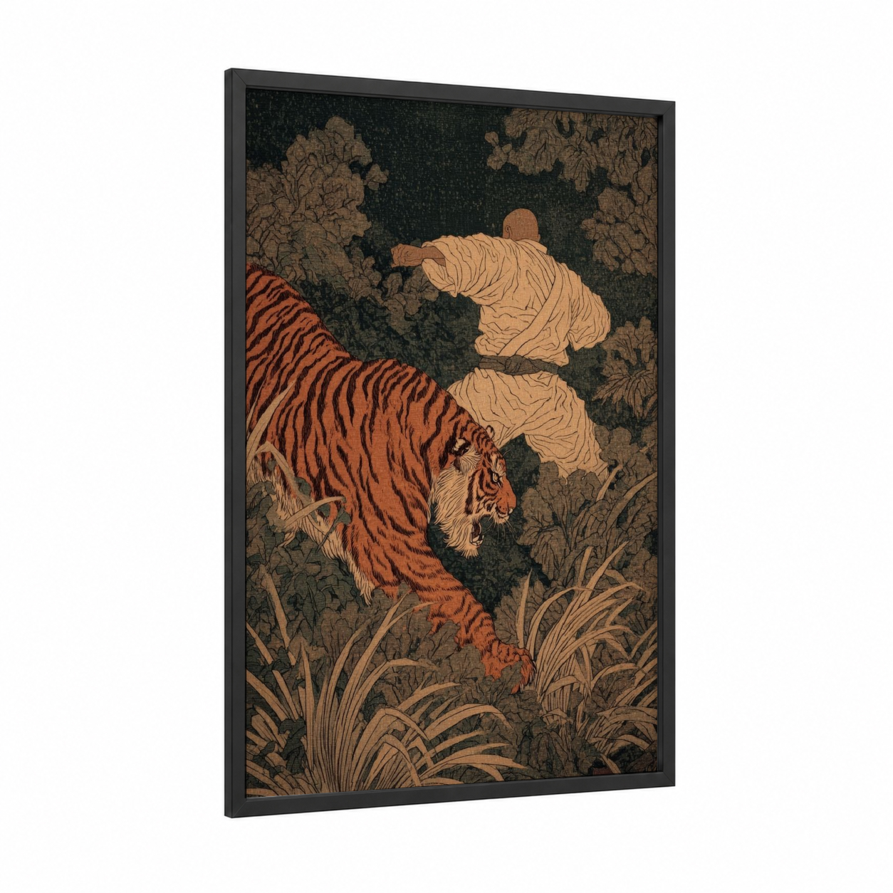 Tiger Judo Master framed art print — black wood frame — brown and gold palette