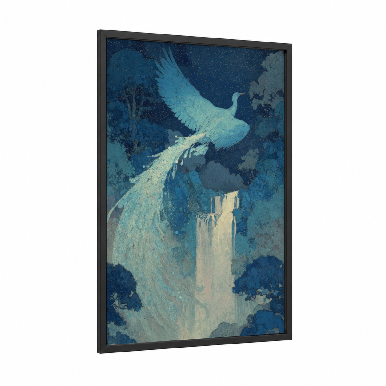 Celestial Phoenix framed art print — black wood frame — blue and white palette