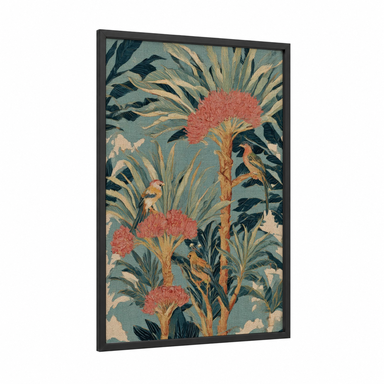 Coral Tropical Garden framed tropical trees print — black wood frame — teal and gold palette