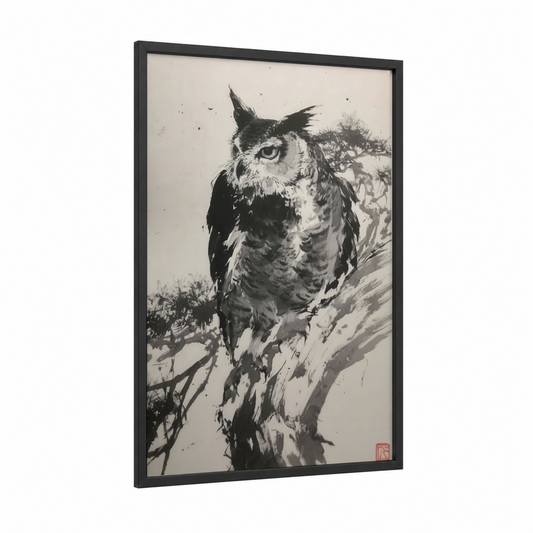 Watchful Owl framed art print — black wood frame — black and white palette