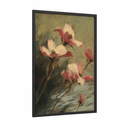 Delicate Dogwood framed art print — black wood frame — cream and sage green palette