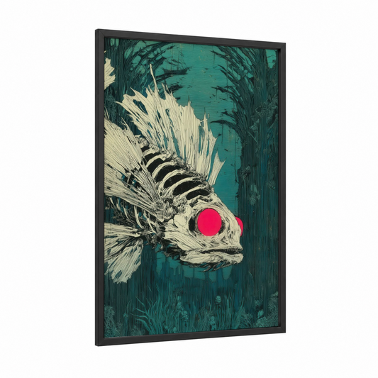 Crimson Dragon Fish framed art print — black wood frame — teal and magenta palette