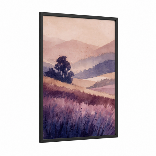 Misty Lavender Valley framed lavender field print — black wood frame — lavender and peach palette
