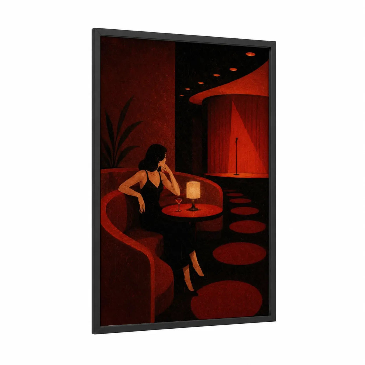 Vintage Lounge Bar Scene Wall Art framed cocktail print — black wood frame — red and black palette