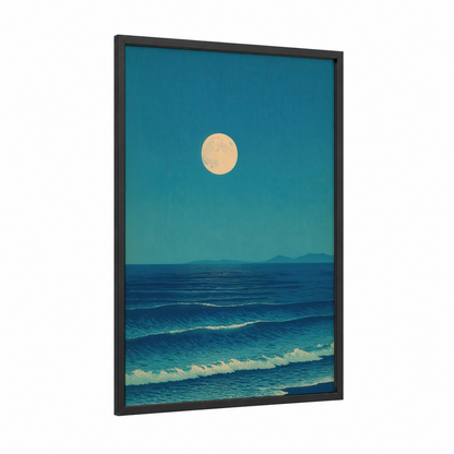 Moonlit Seascape framed art print — black wood frame — teal and gold palette