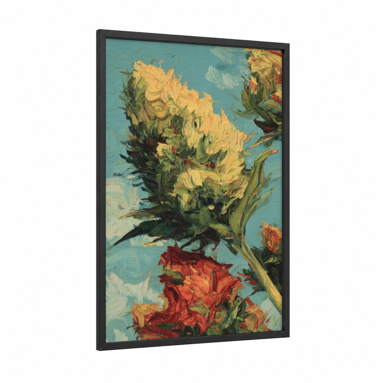 Golden Cannabis Bloom framed art print — black wood frame — gold and teal palette