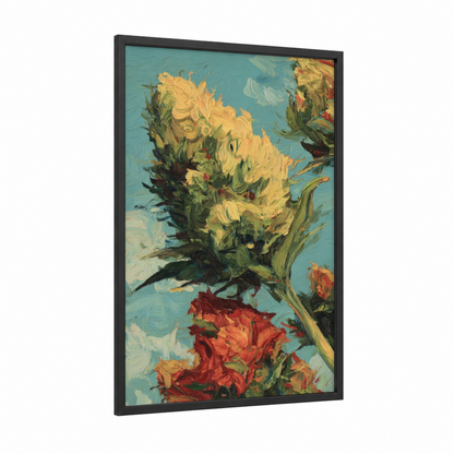 Golden Cannabis Bloom framed art print — black wood frame — gold and teal palette