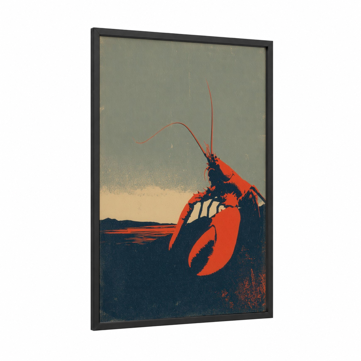 Coastal Lobster framed art print — black wood frame — red and black and white palette