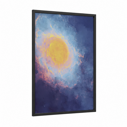 Cosmic Nebula framed art print — black wood frame — blue and gold palette