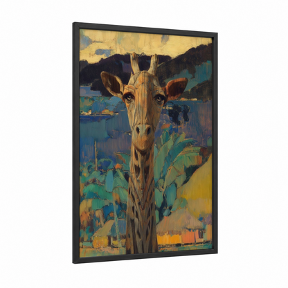Savanna Giraffe Portrait framed art print — black wood frame — yellow gold and teal palette
