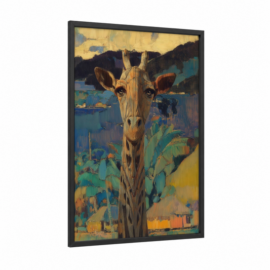 Savanna Giraffe Portrait framed art print — black wood frame — yellow gold and teal palette
