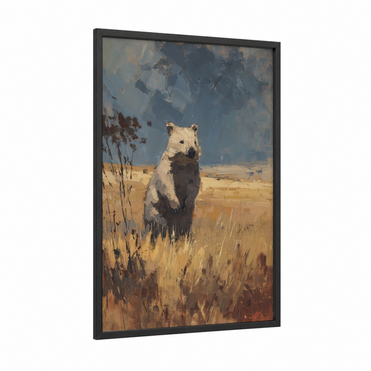 Golden Wombat framed art print — black wood frame — gold and blue palette