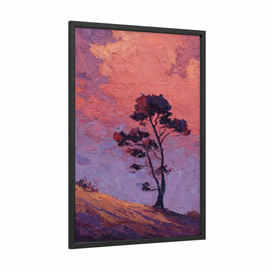 Sunset Kauri framed kauri tree print — black wood frame — peach and purple palette