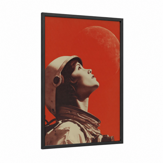 Cosmic Astronaut framed japanese retrofuturism print — black wood frame — red and cream palette