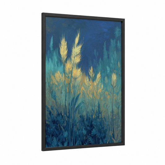 Golden Grain Twilight framed art print — black wood frame — blue and gold palette