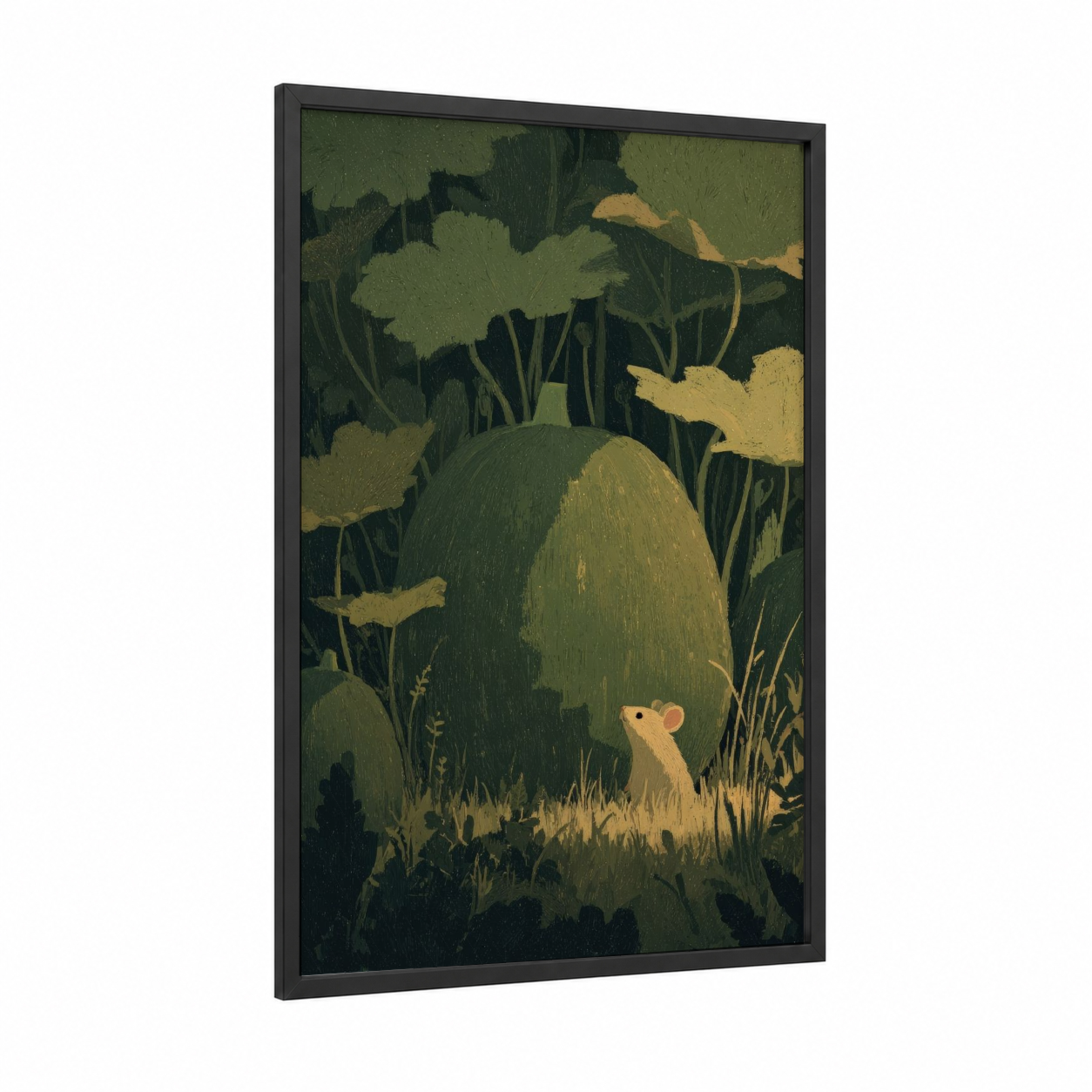 Garden Melon framed fruit print — black wood frame — sage green and yellow gold palette