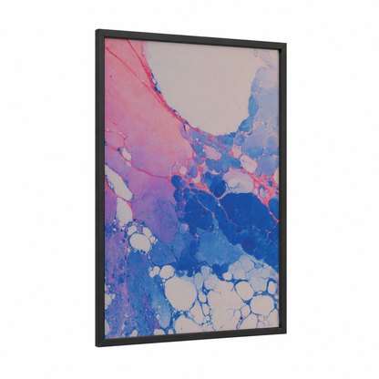 Coral Bloom Abstract framed art print — black wood frame — pink and blue palette