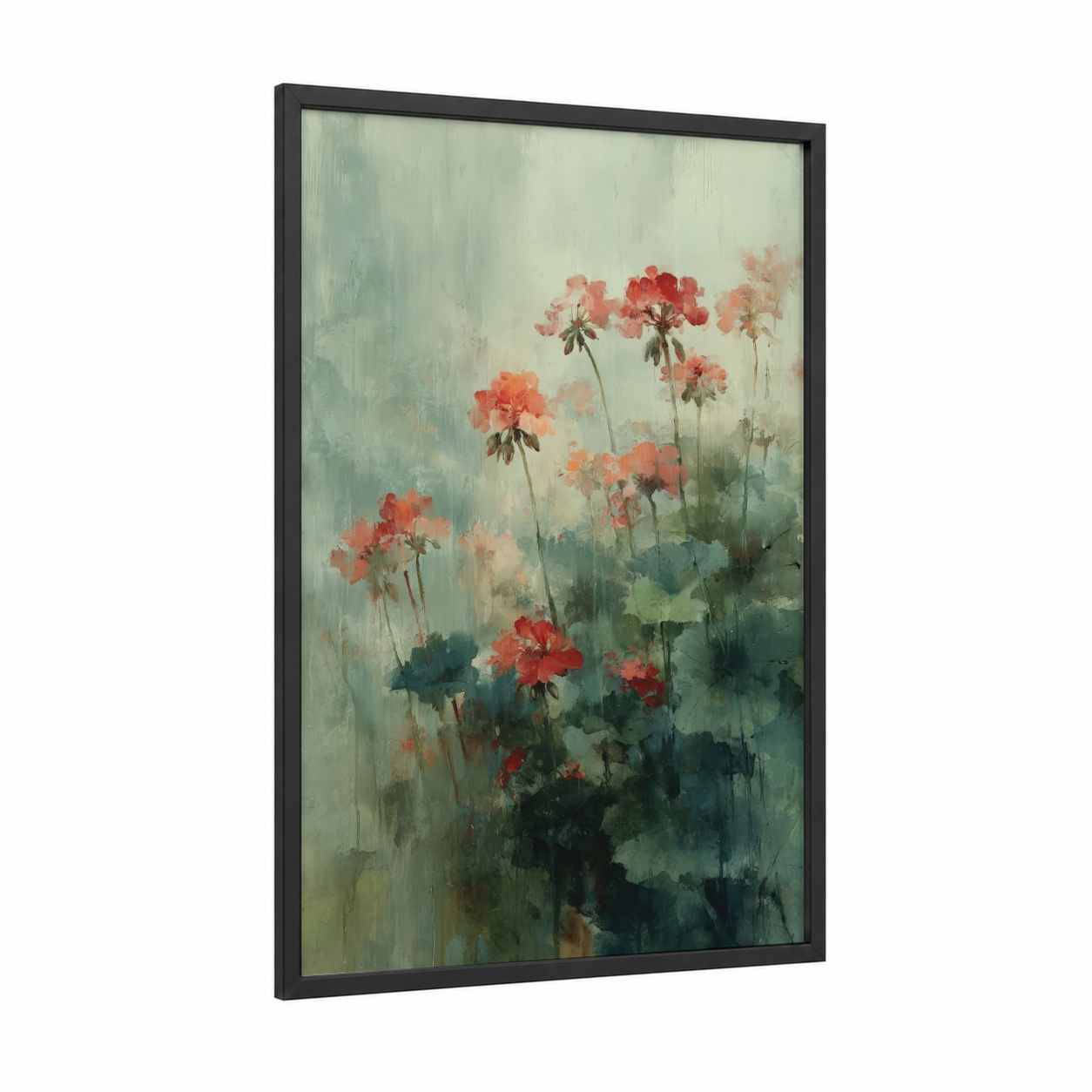 Misty Geranium framed art print — black wood frame — gray and pink and sage green palette