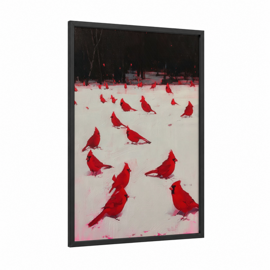 Snowy Cardinals framed art print — black wood frame — red and black and white palette